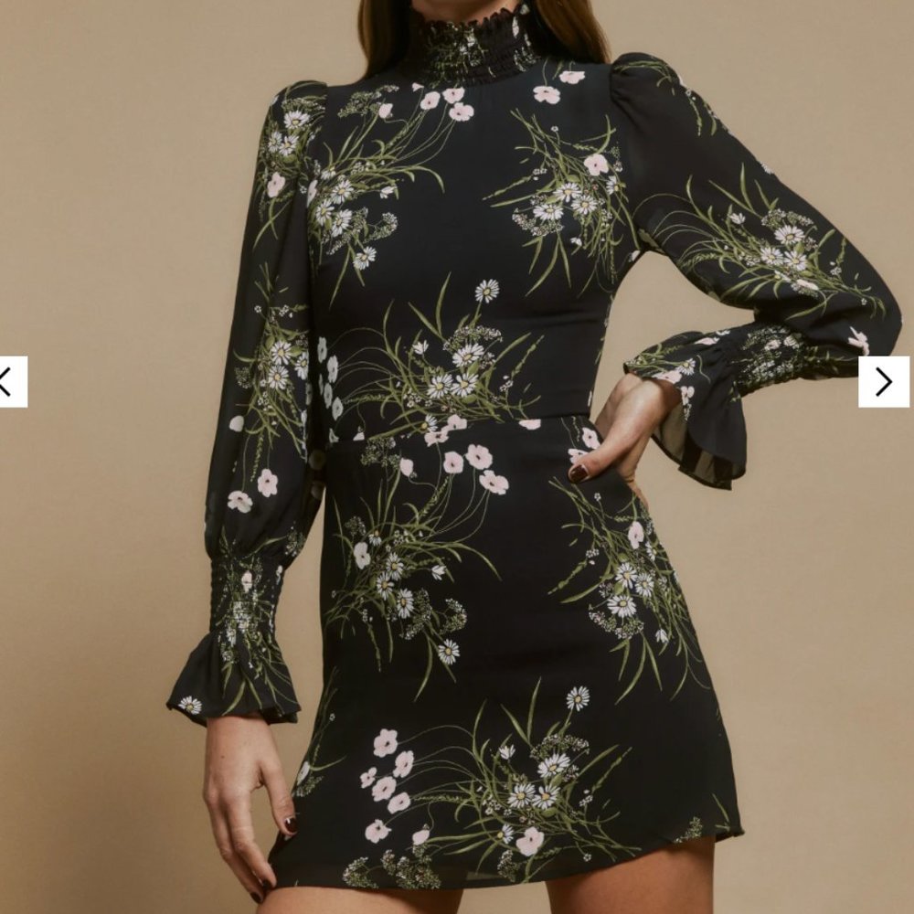Reformation Archie dress in Veuve (black with floral pattern), Size 4